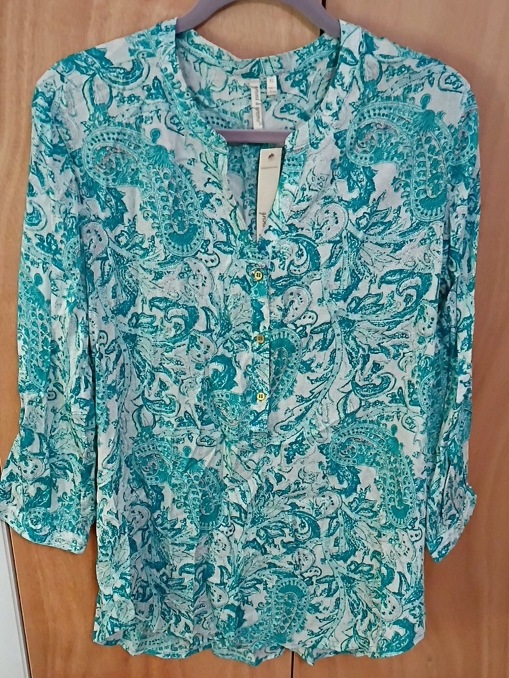 grand & greene Teal Paisley Split-Neck Tunic